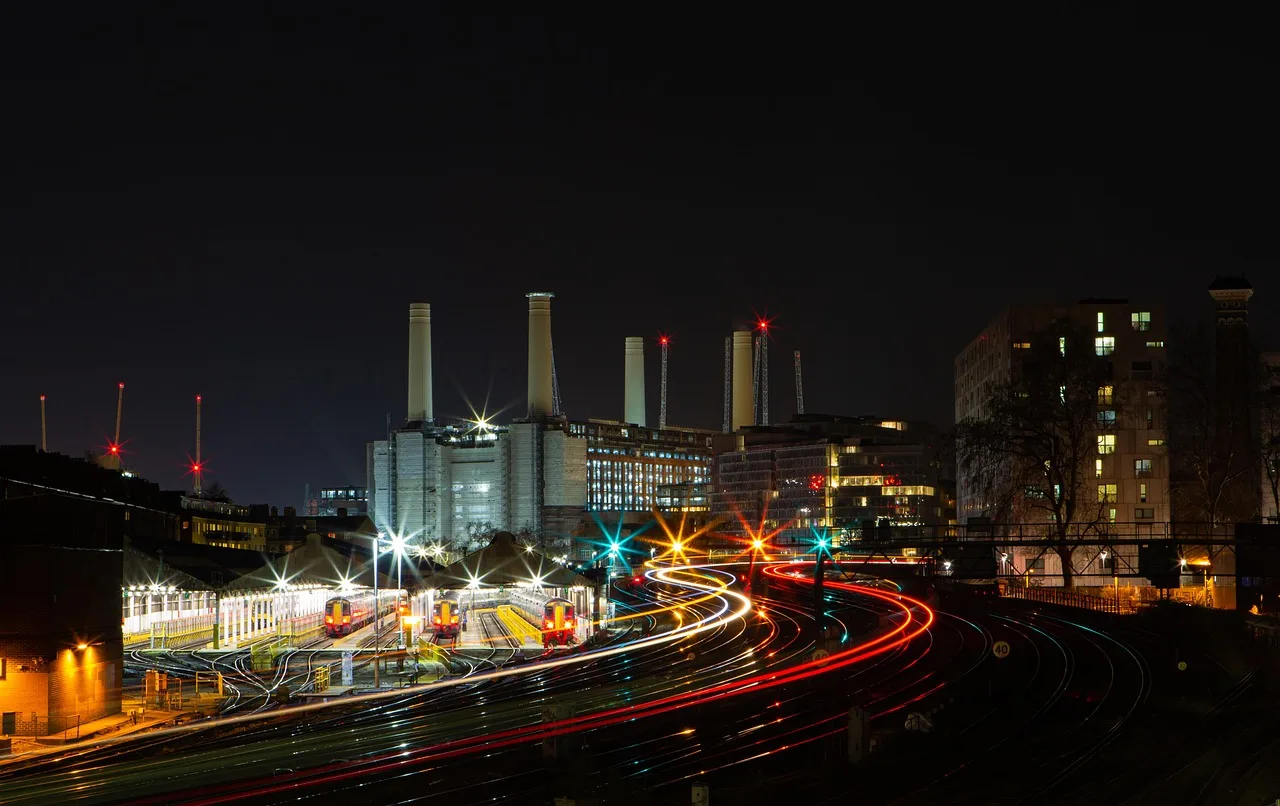 Battersea Power Station lit up at night, London