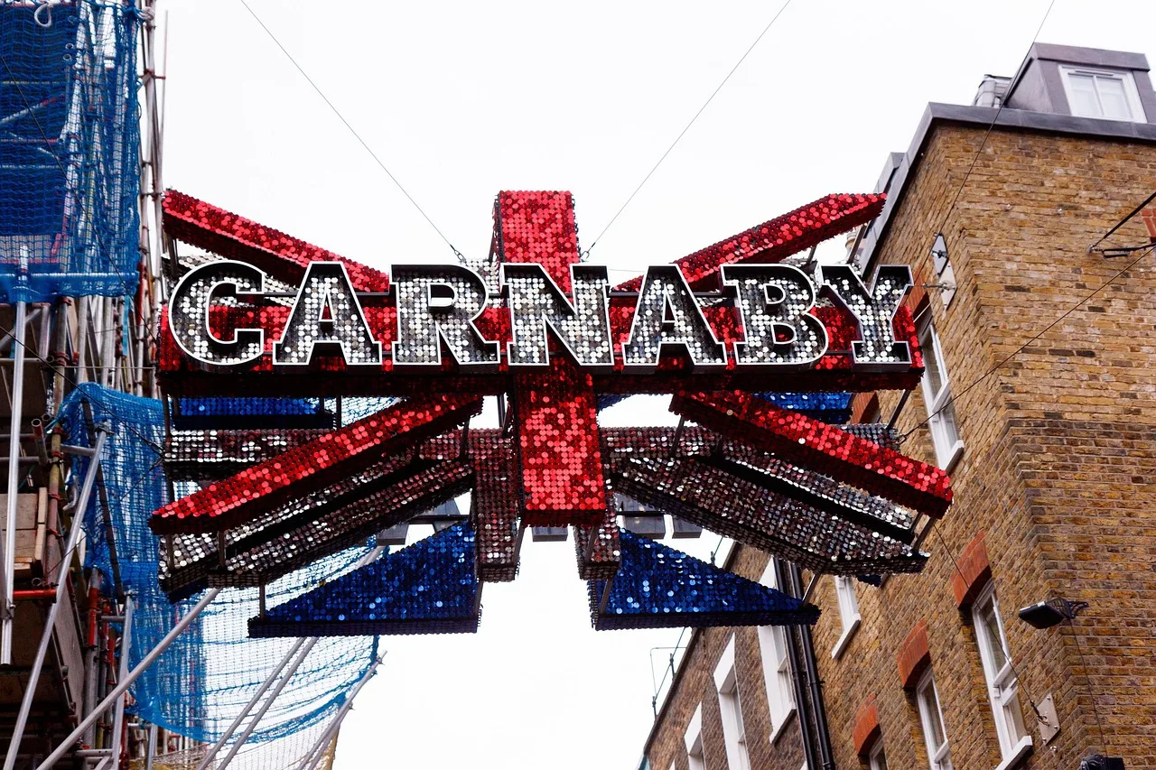 The Carnaby Street sign and Union Jacks in Soho, London