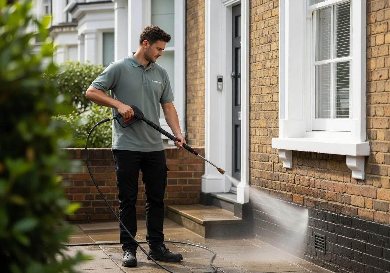 Exterior cleaning technician pressure washing a London driveway