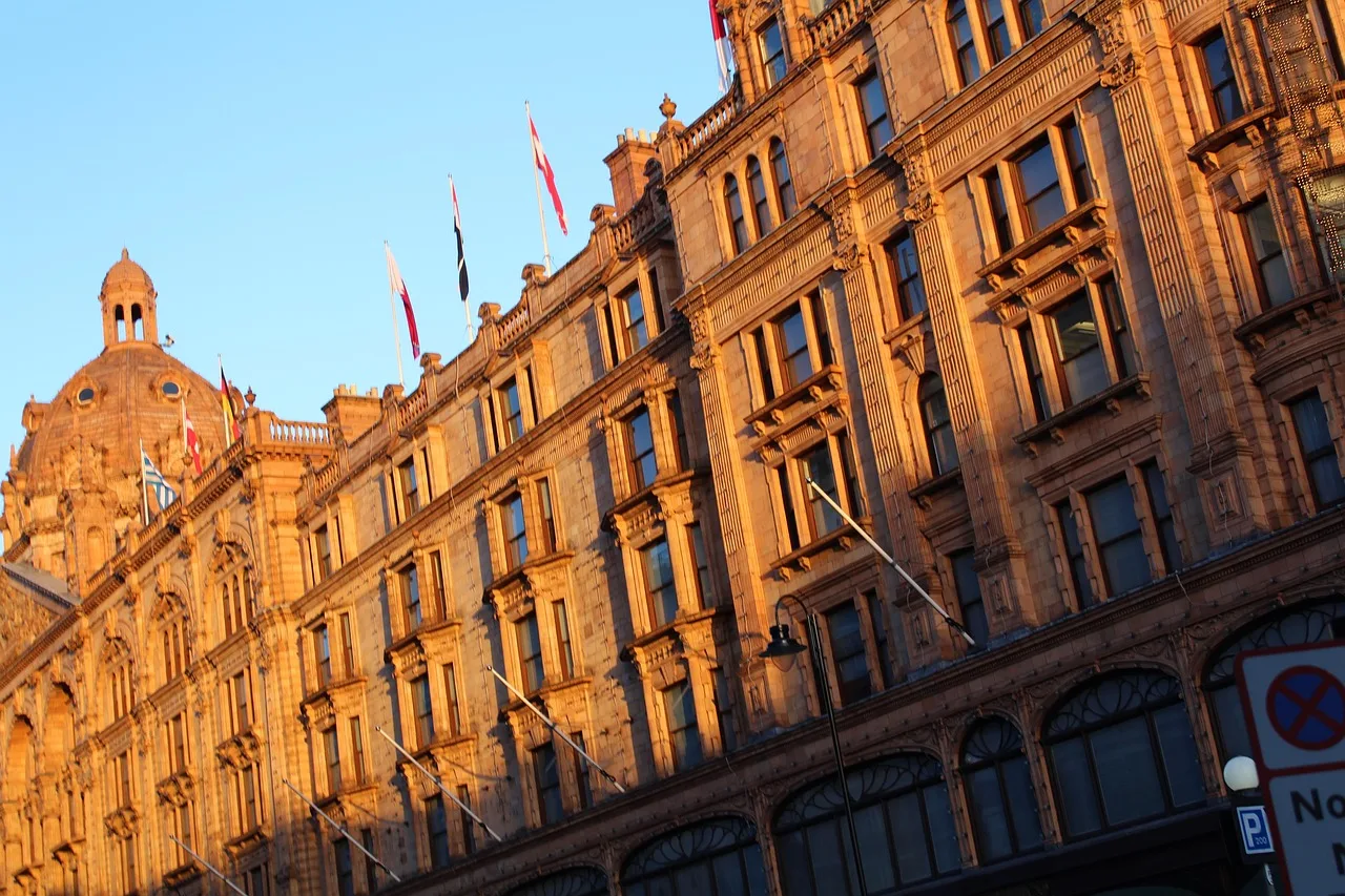 The Harrods building on Brompton Road, Knightsbridge, at dusk