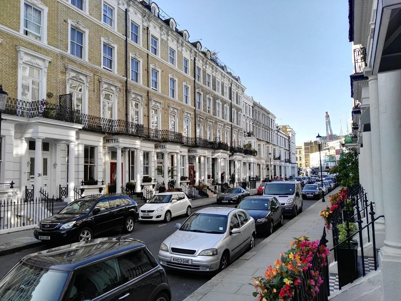 White stucco terraced houses in Earl's Court, London